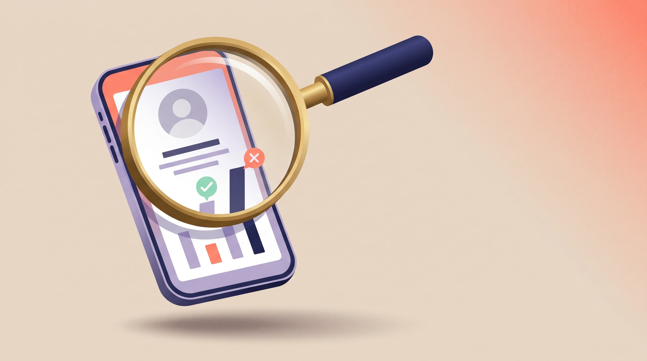 Lupa editorial sobre una tarjeta abstracta de perfil de Instagram con indicadores de verificación en verde y rojo