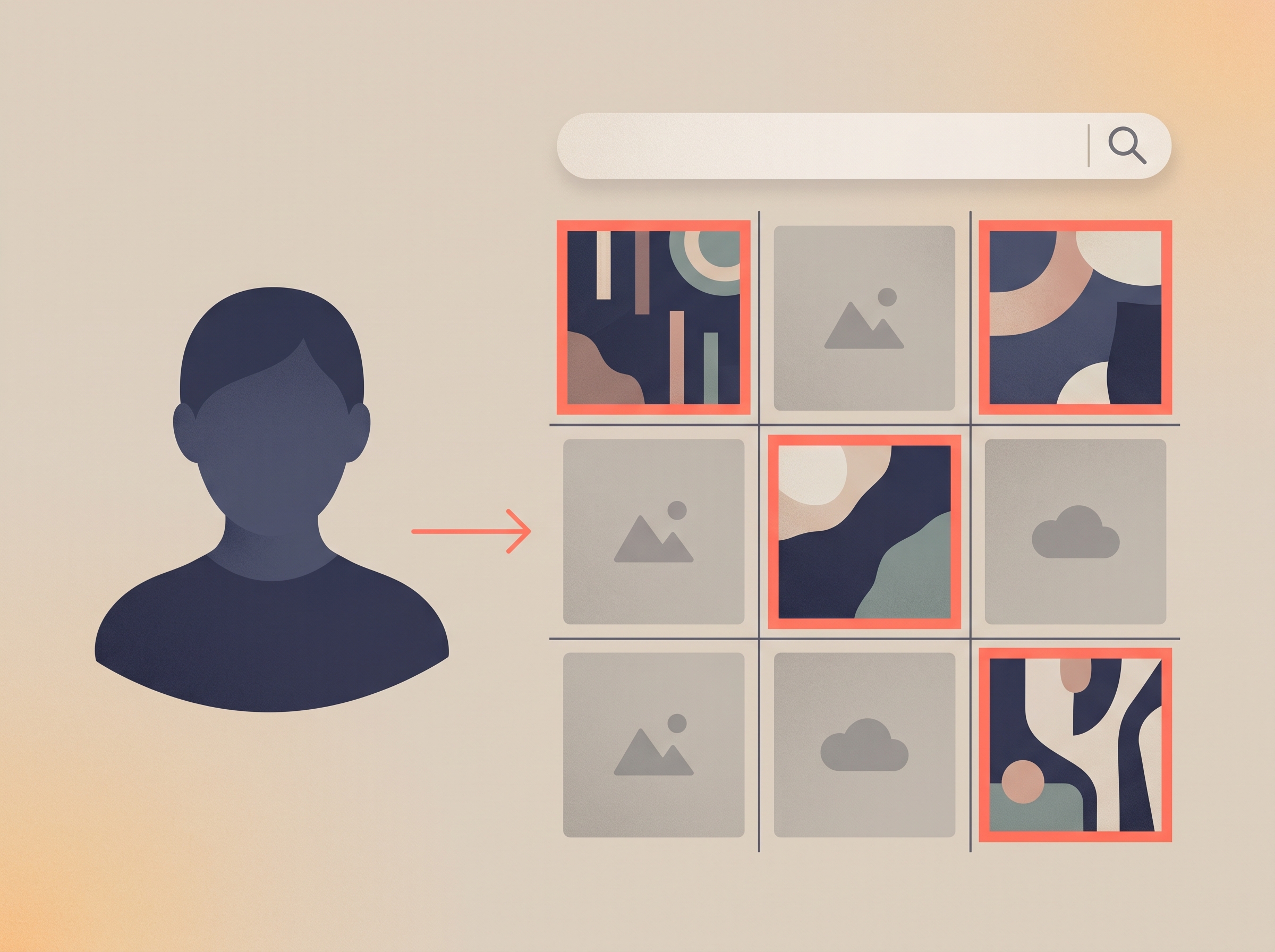 Búsqueda inversa de imagen: una foto de perfil a la izquierda, una flecha coral hacia una cuadrícula de nueve miniaturas de resultados, con tres resultados resaltados en coral indicando coincidencias encontradas