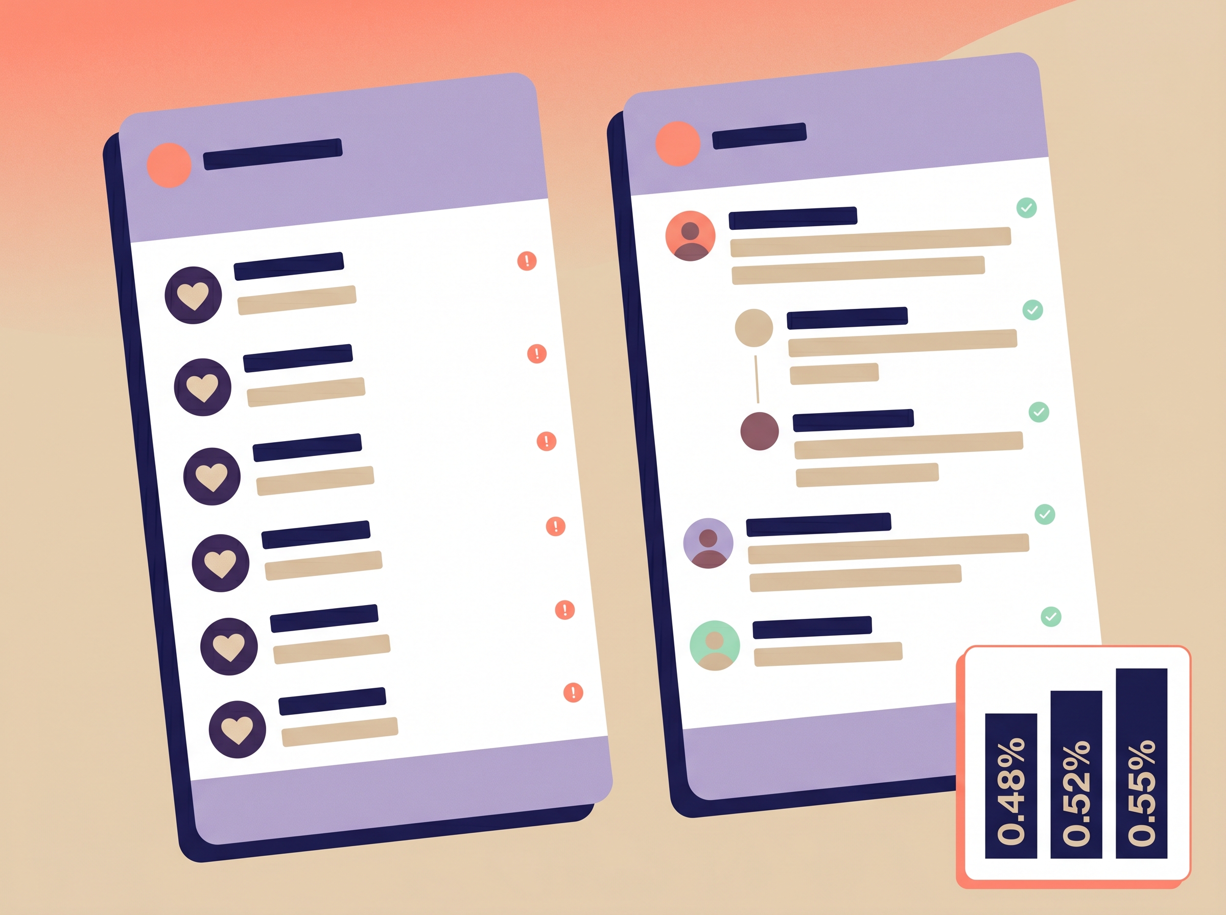 Comparación entre una columna de comentarios de bots —con corazones repetidos y puntos rojos de alerta— y una columna de comentarios humanos auténticos con avatares de colores y puntos verdes de verificación, acompañada de un mini gráfico de barras con 0,48%, 0,52% y 0,55%